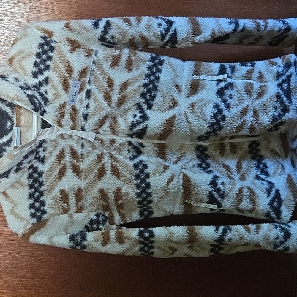 Columbia Cream, Brown & Black Patterned Fleece Turtleneck Jacket
